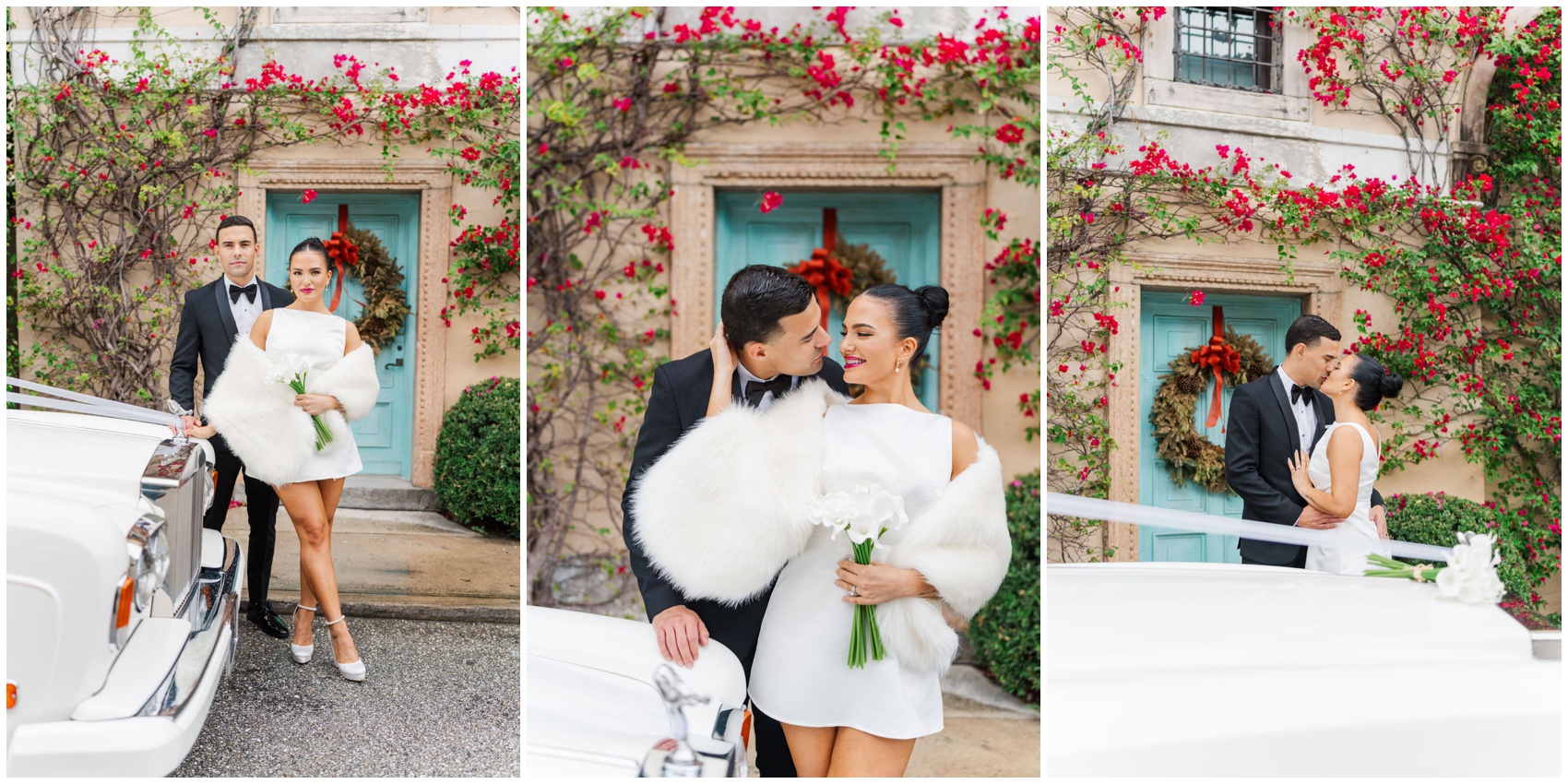 A bride and groom lean on a white vintage vehicle in front of a flower vine covered wall