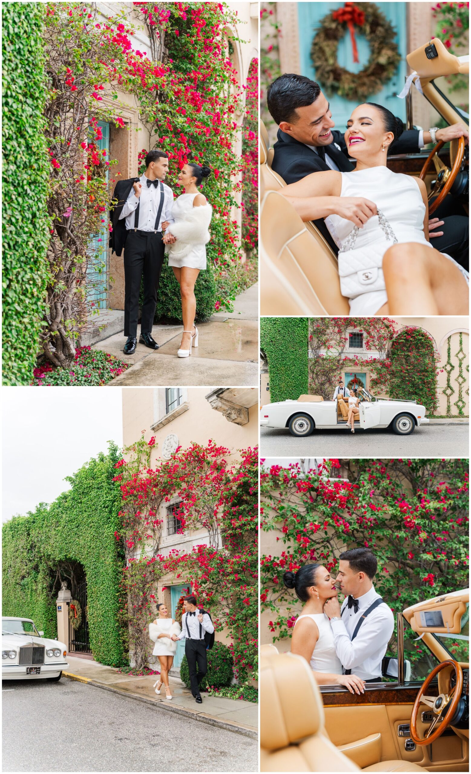 A bride and groom kiss, cuddle and walk around a vintage car and luxury flower covered venue