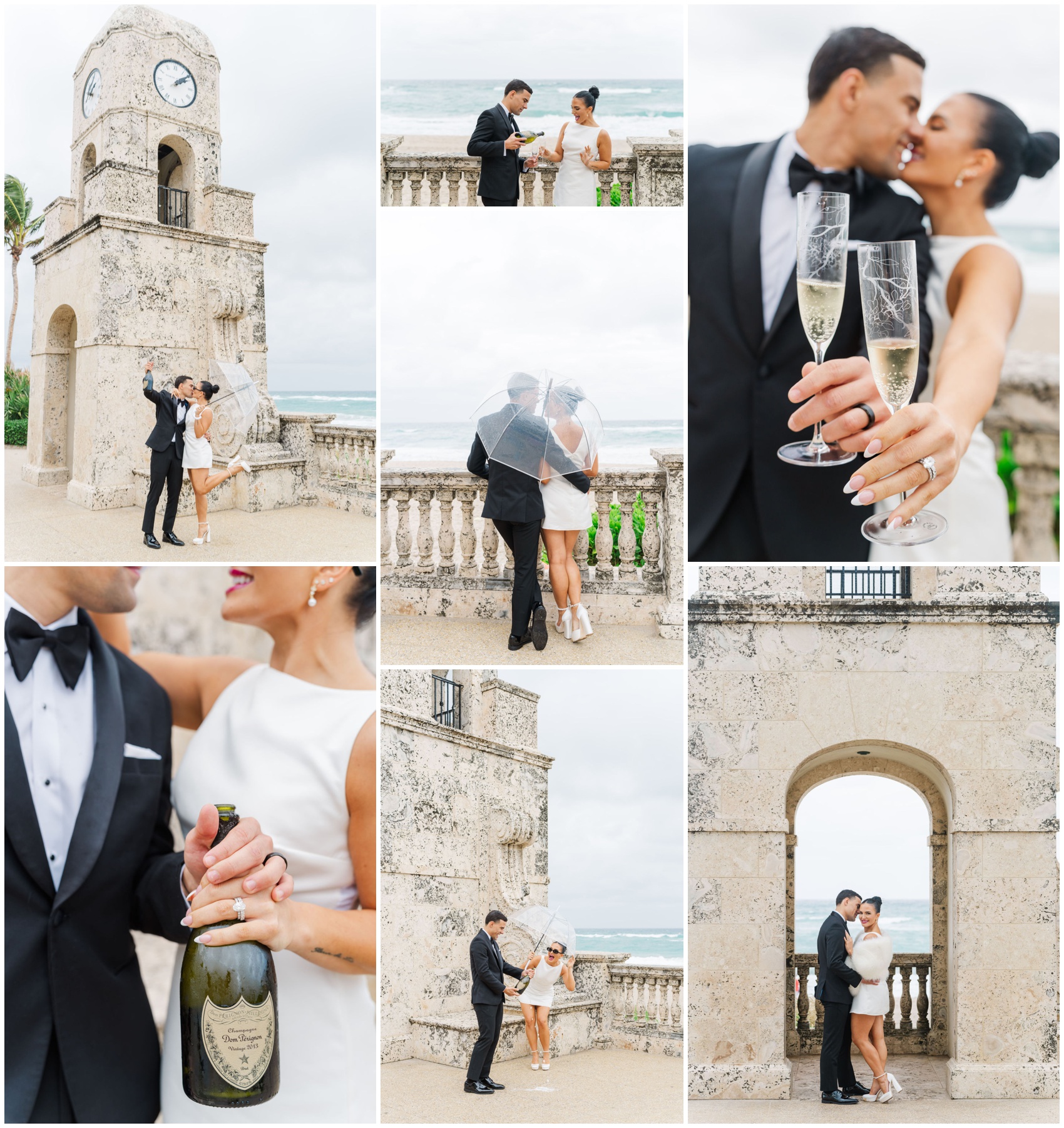 NEwlyweds kiss and share champagne in a collage of them at a spanish style monument on a beach during their destination wedding in Miami