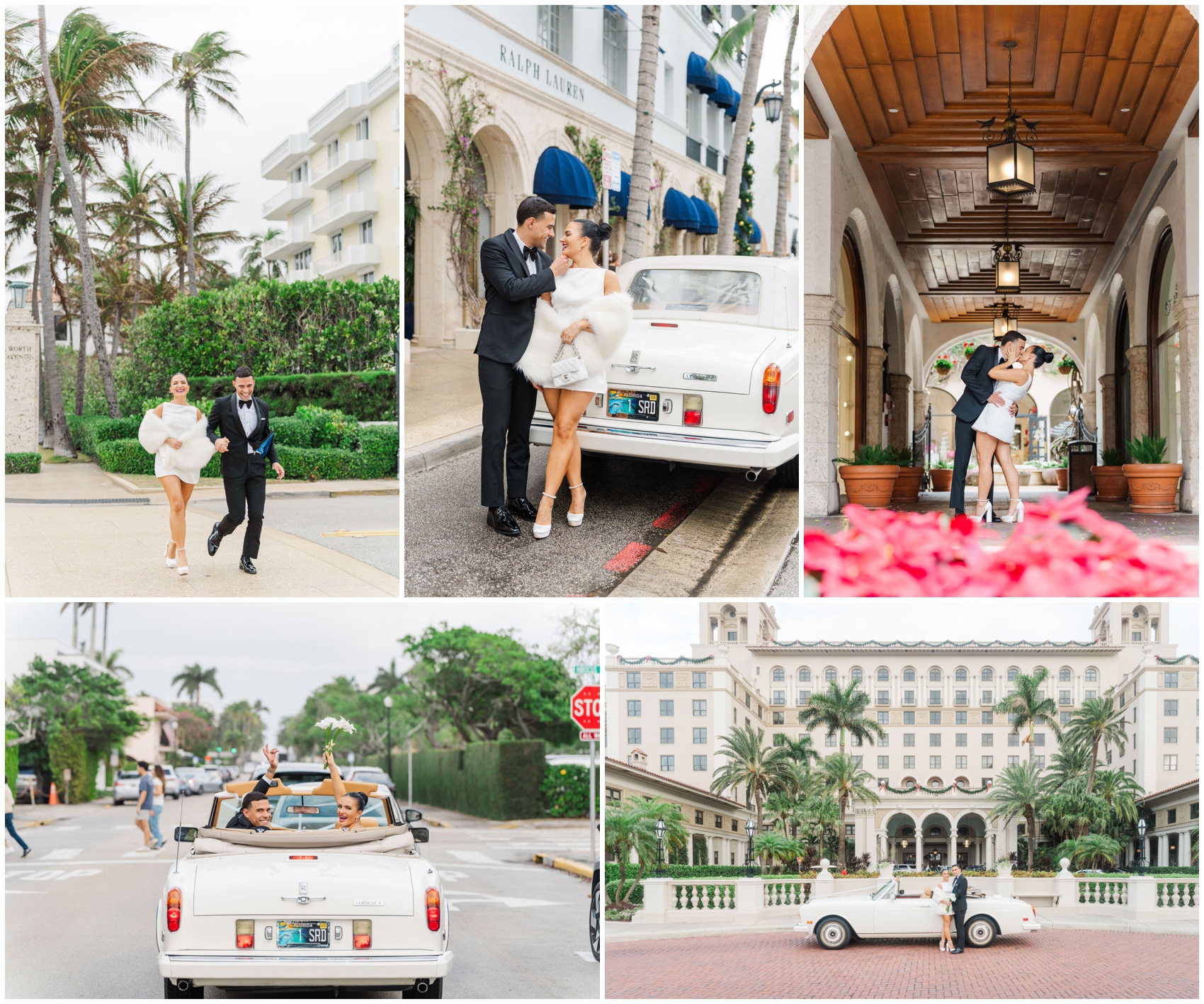 A collage of newlyweds celebrating with a vintage white car and wandering their luxury venue during a destination wedding in Miami