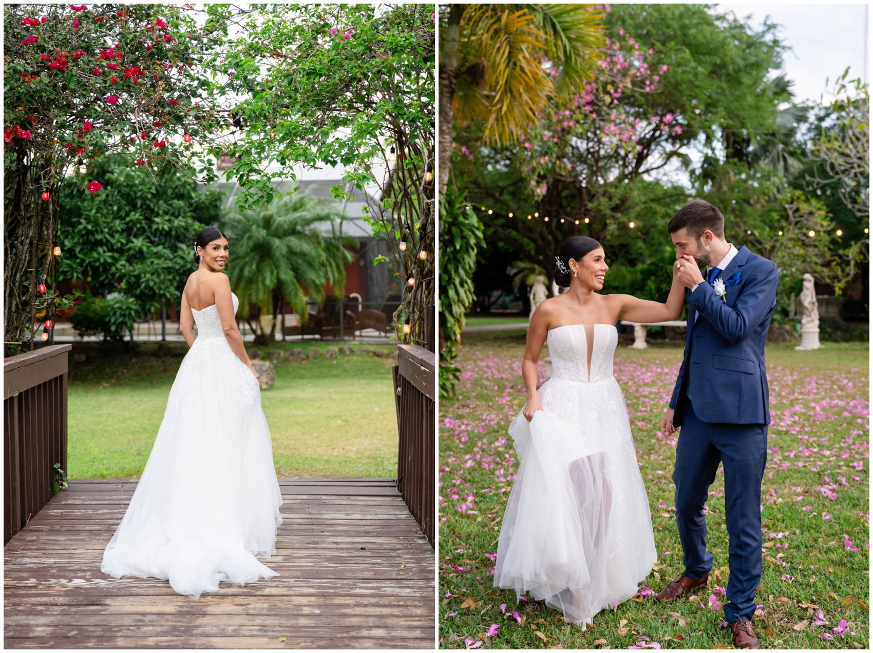 A bride stands on a wooden bridge smiling over her shoulder next to walking and being kissed on the hand by her husband during their destination wedding in Miami