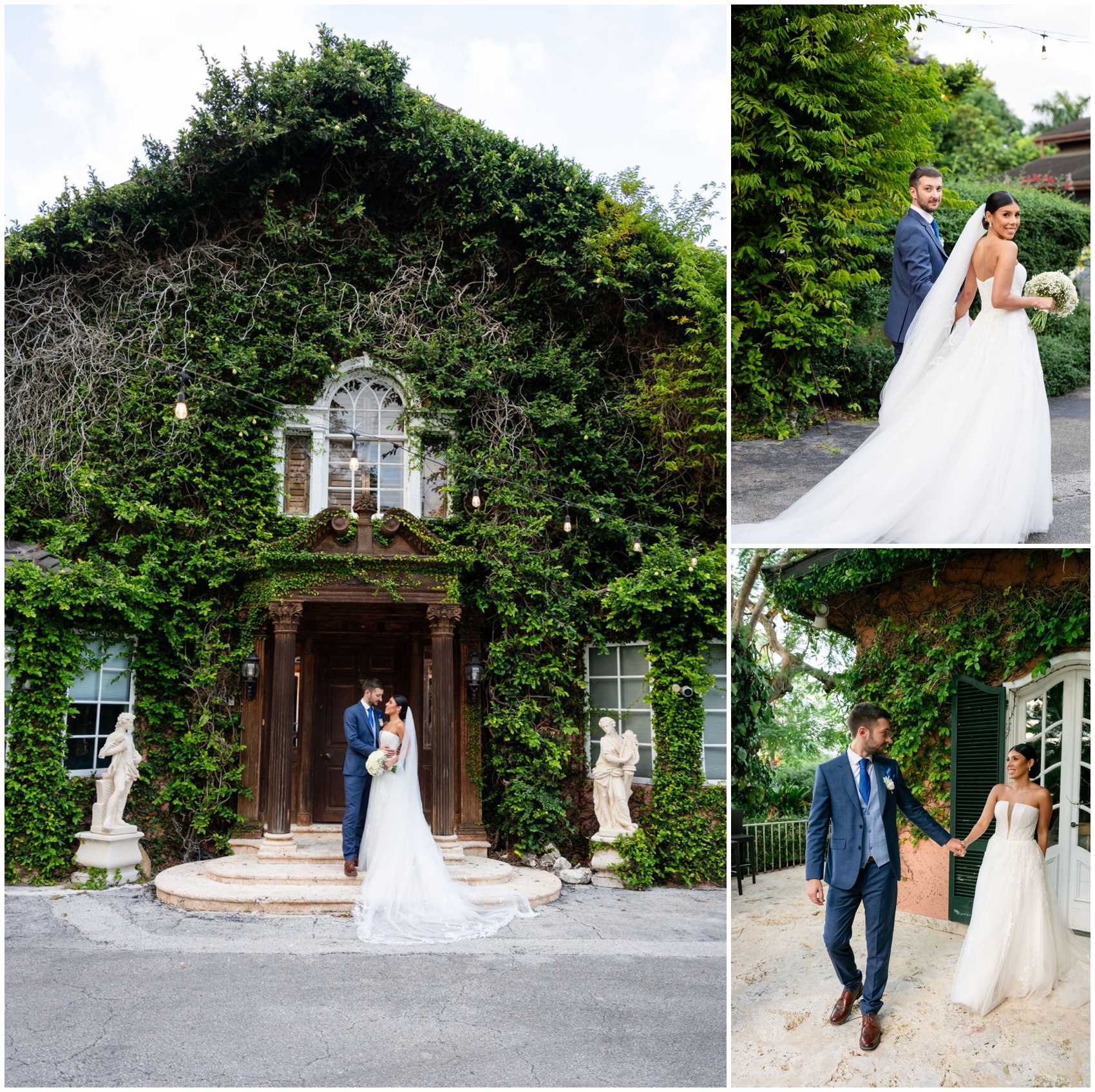 A happy couple holds hands while walking and kissing in front of an ivy covered venue during their destination wedding in Miami