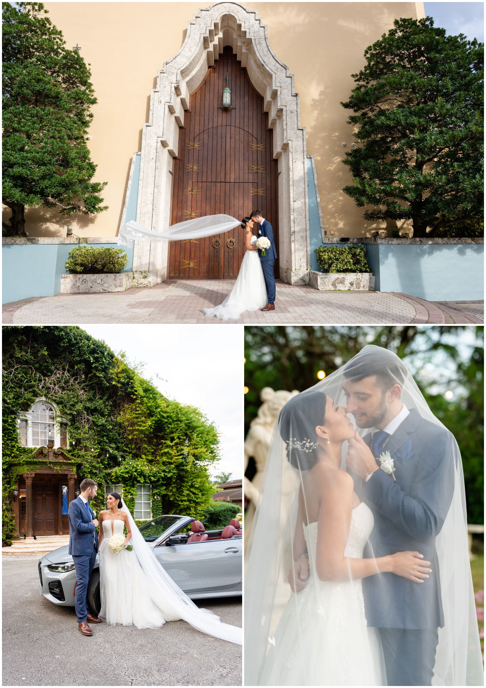 A happy couple kisses with in front of elaborate tall wooden doors and leaning against a convertible during their destination wedding in Miami