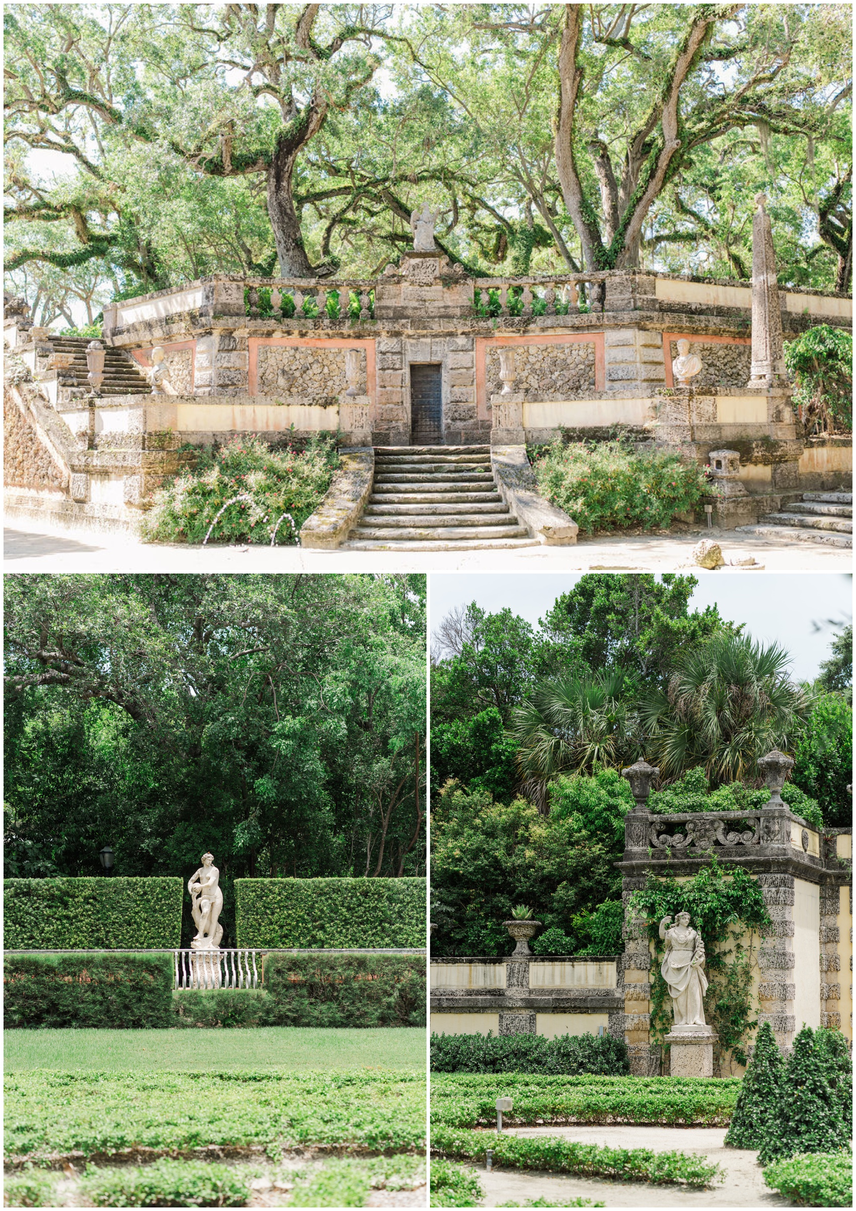 Details of elaborate spanish style gardens with statues inside one of the wedding venues in Miami