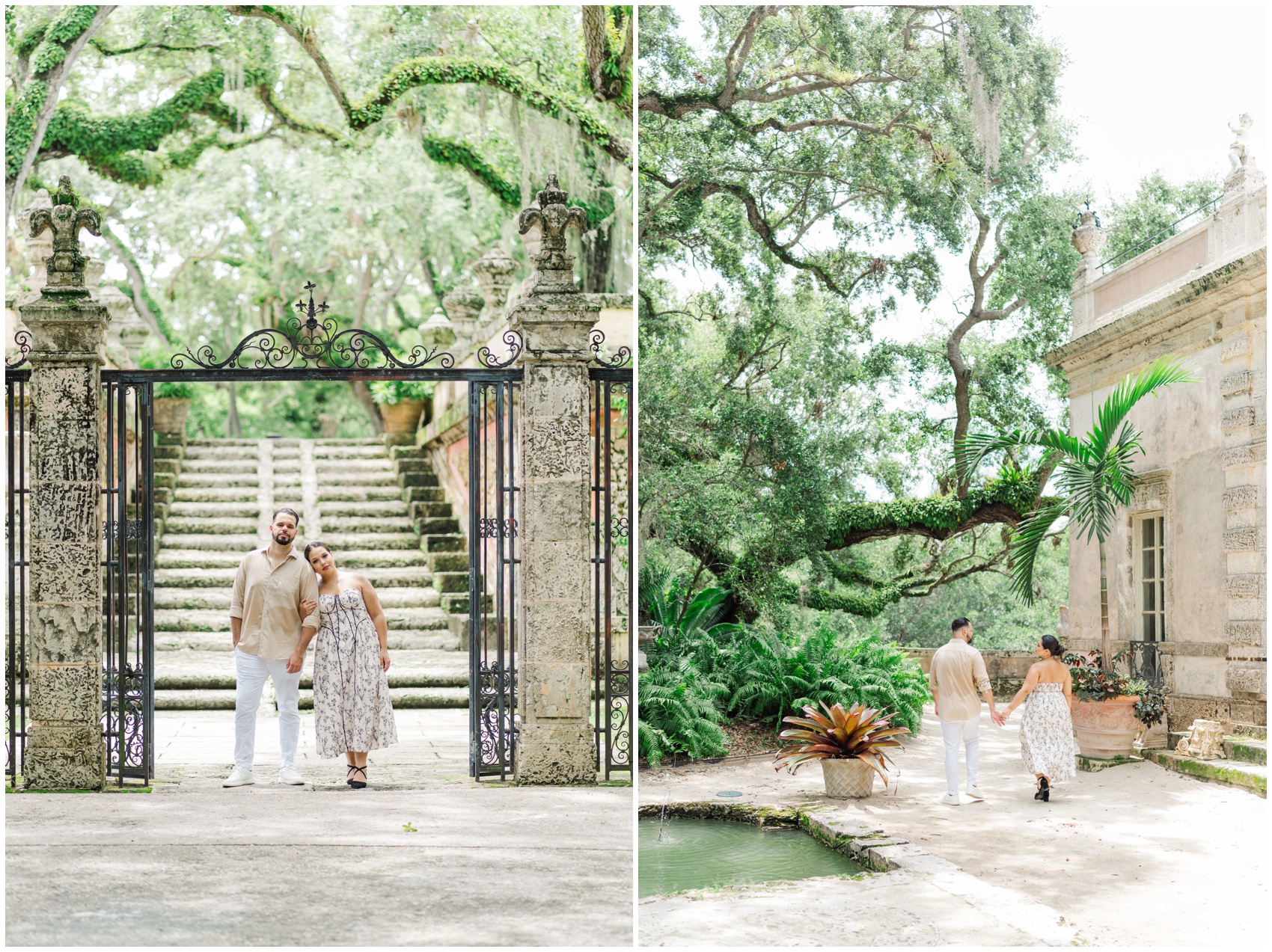 A bride and groom hold hands while walking through ornate oak canopy gardens in florida