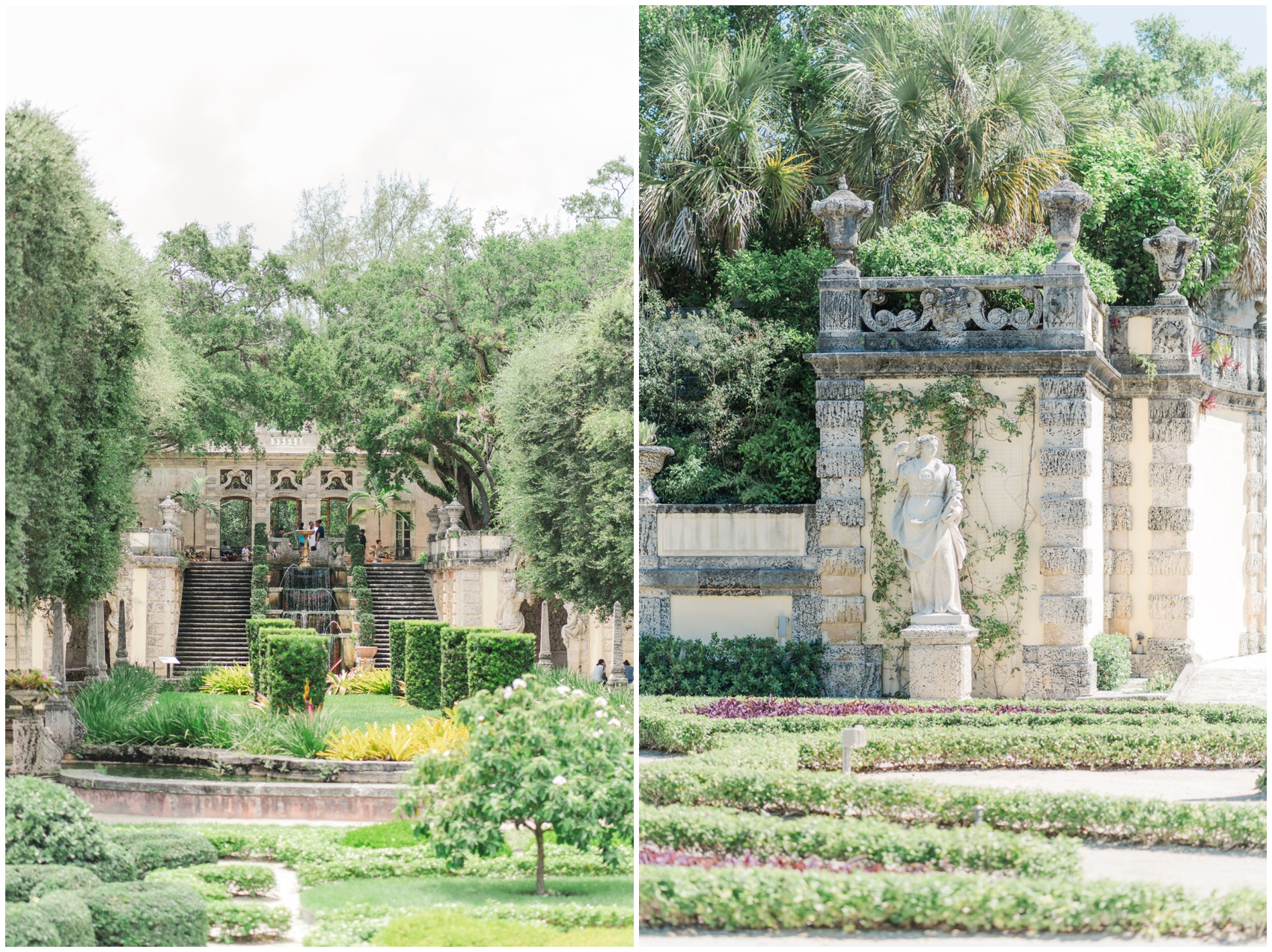 Newlyweds explore the ornate gardens of one of the luxurious wedding venues in Miami