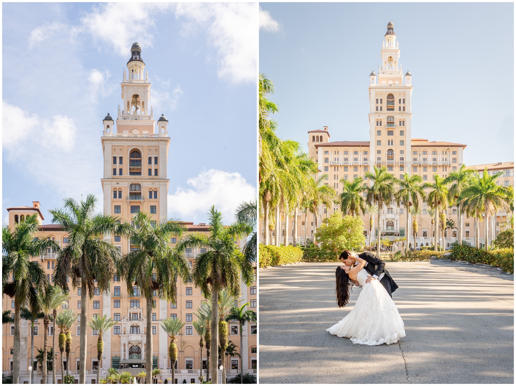 Newlyweds kiss in the front driveway of one of the wedding venues in Miami